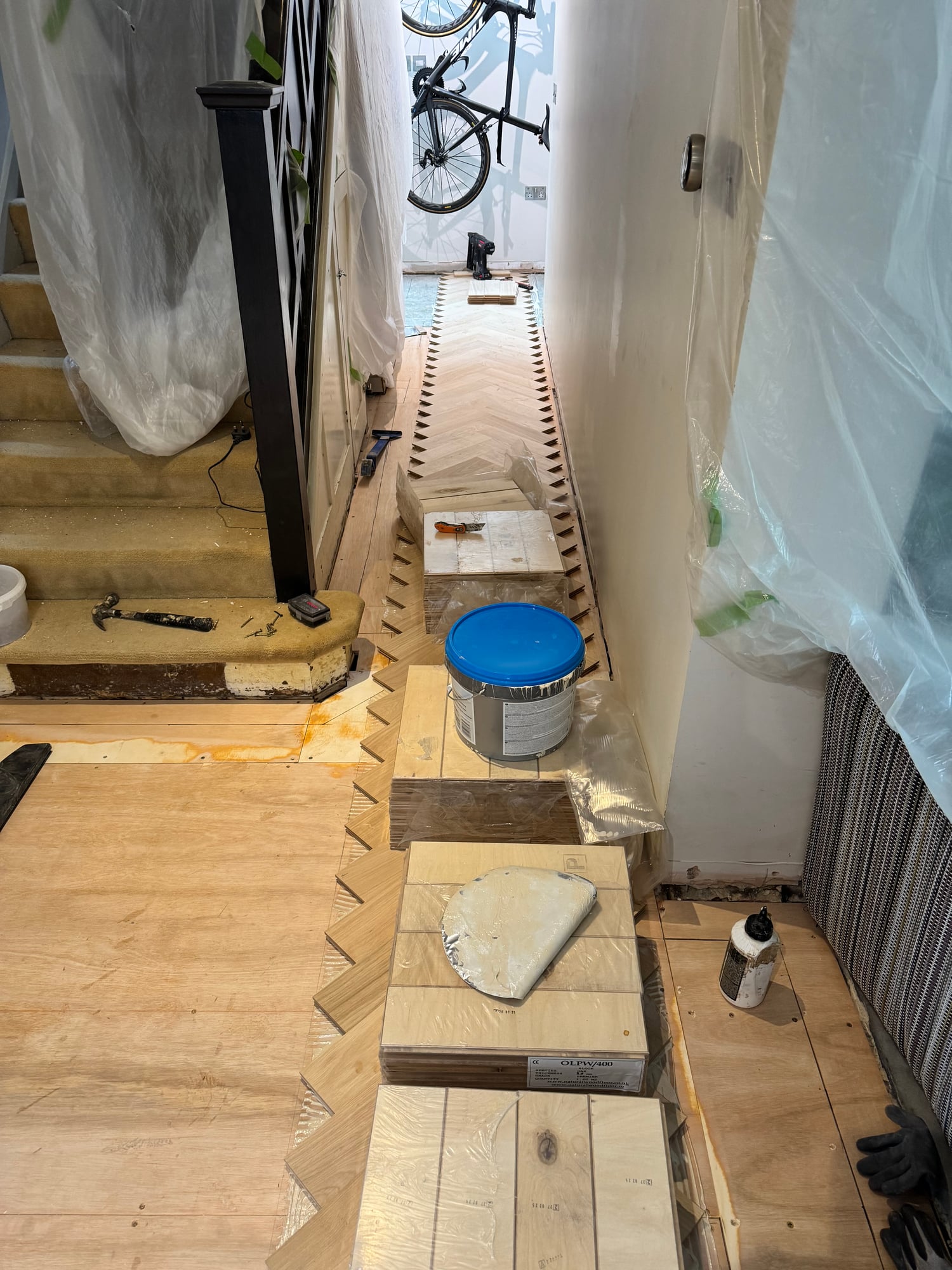 Workshop with materials staged for an install
